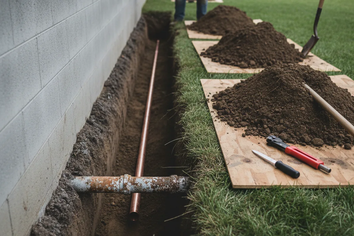 Excavated water line trench during Sewer Line Repair in Clymer